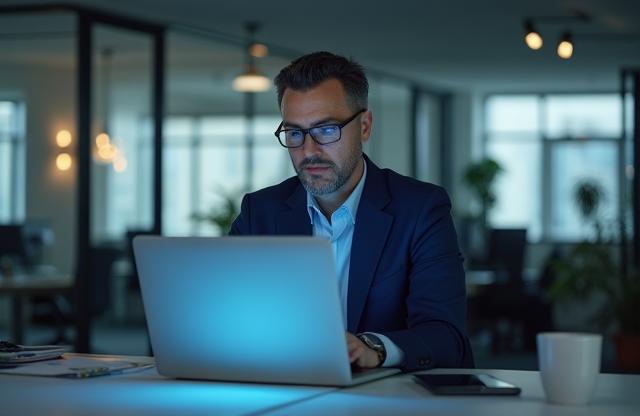 Journalist working diligently in a modern office space